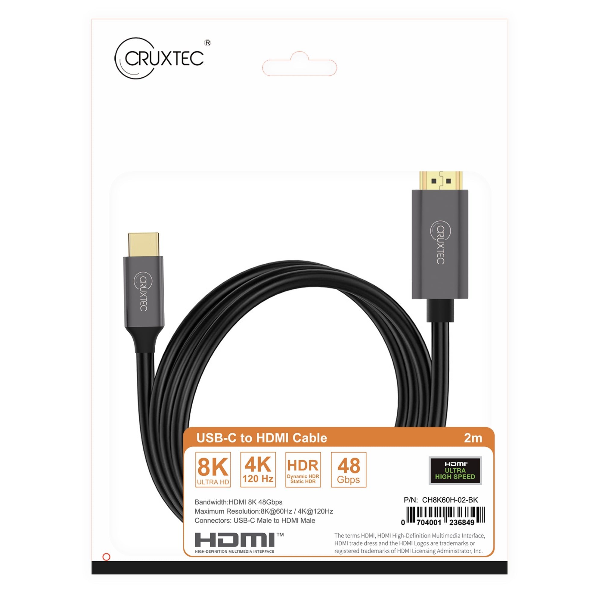 Cruxtec USB-C to HDMI Cable 8K@60Hz / 4K@120Hz (Black 2m) image