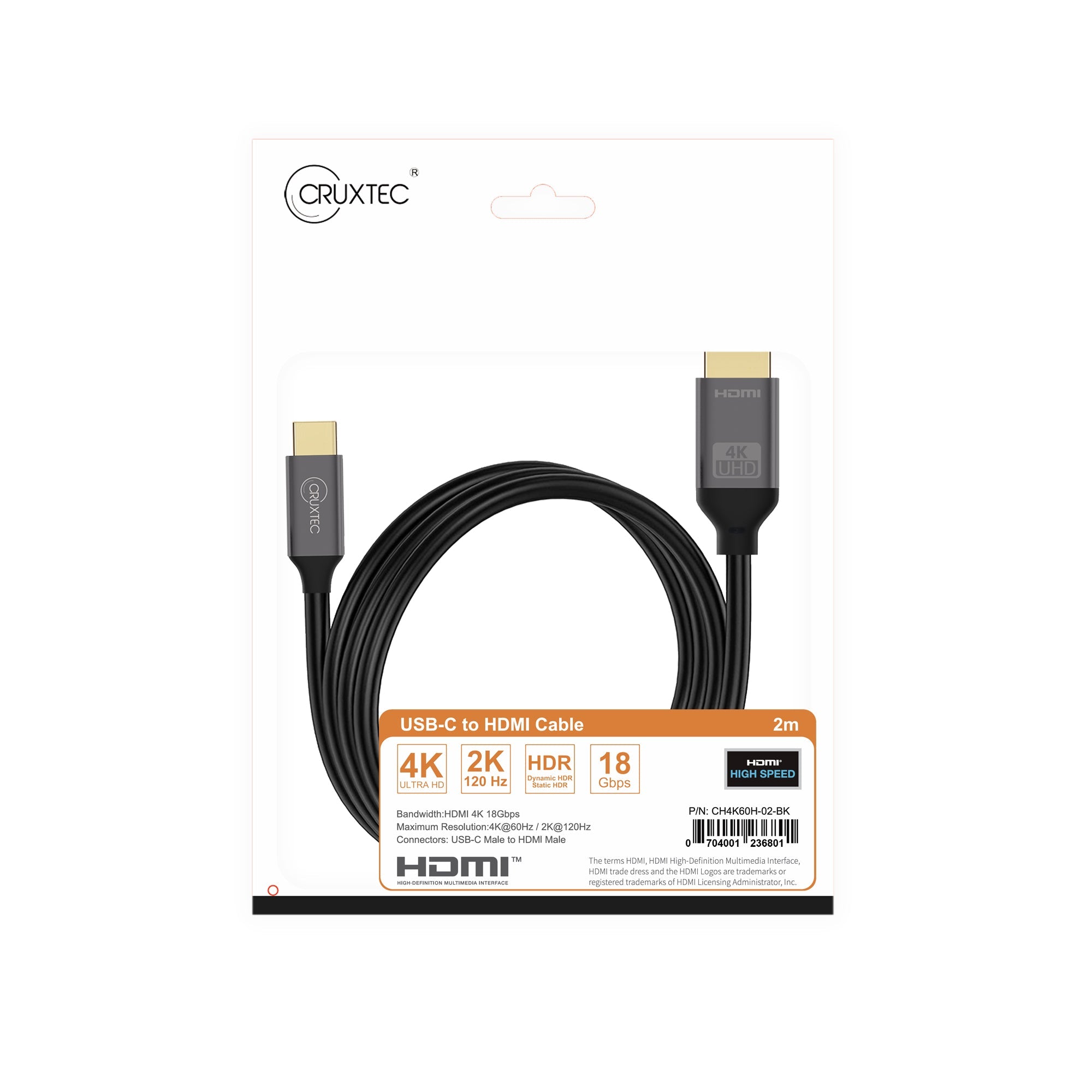 Cruxtec USB-C to HDMI Cable 4K@60Hz (Black 2m) image