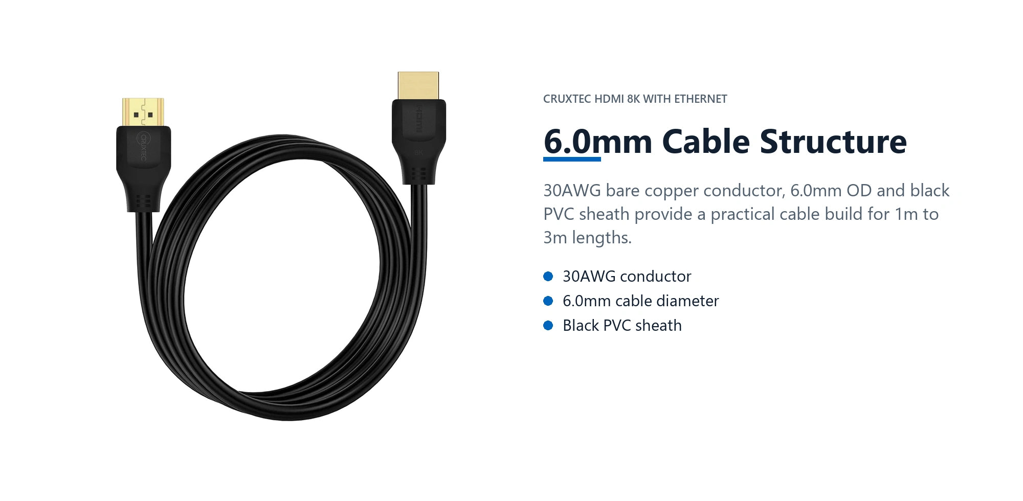 Cruxtec HDMI 8K with Ethernet Cable 48Gbps (Black 3m) 6.0mm cable structure detail image