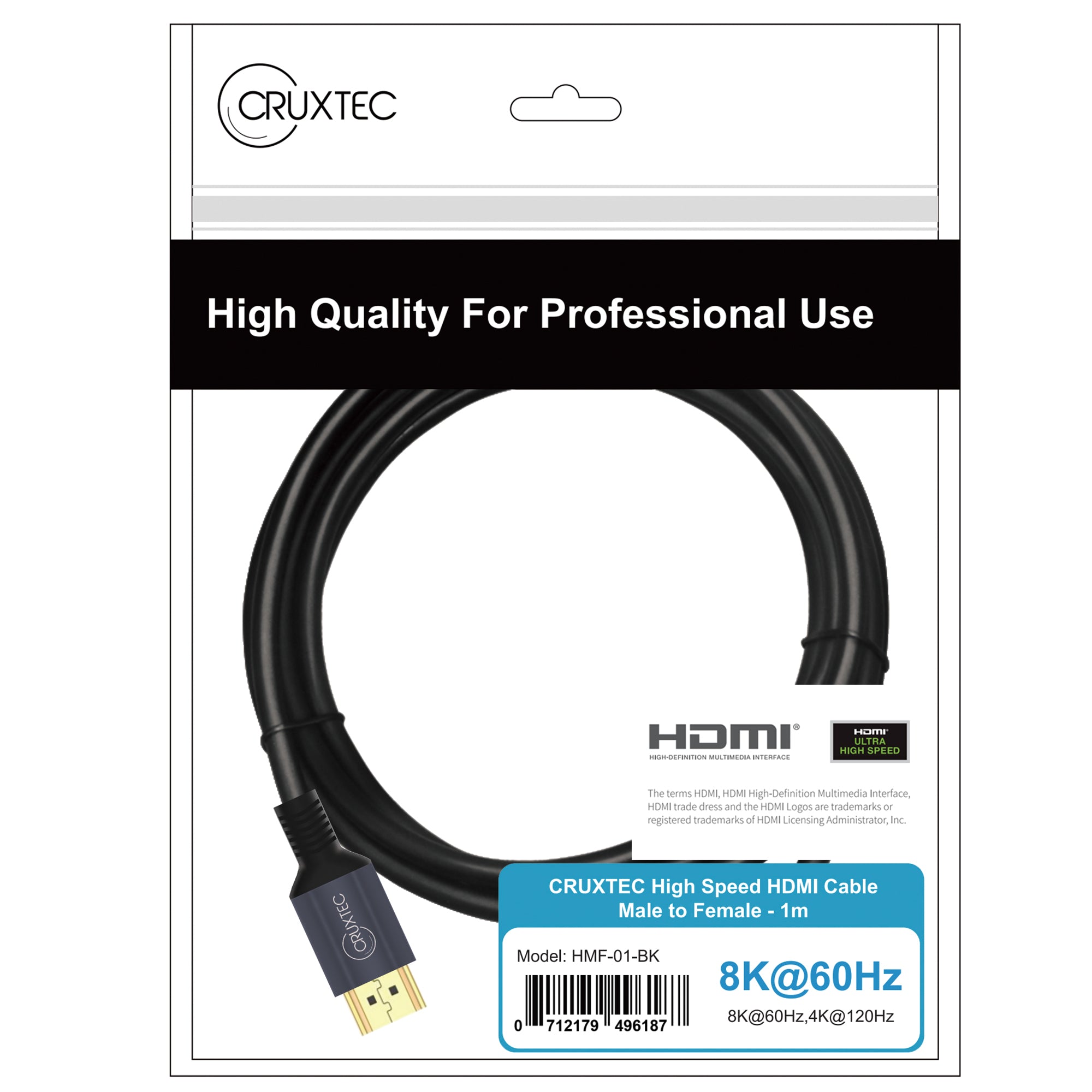 Cruxtec HDMI Male to Female Extension Cable 8K@60Hz / 4K@120Hz (Black 50cm) image