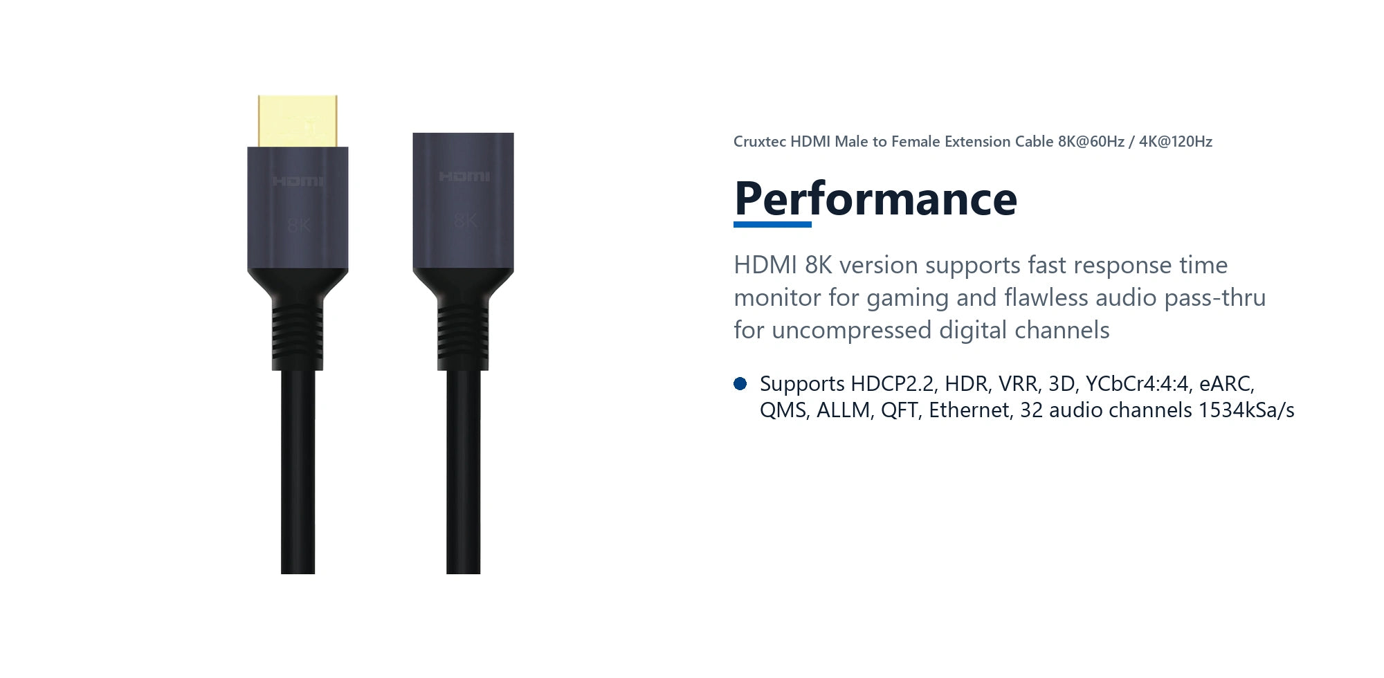 Cruxtec HDMI Male to Female Extension Cable 8K@60Hz / 4K@120Hz (Black 50cm) performance detail image with verified product information