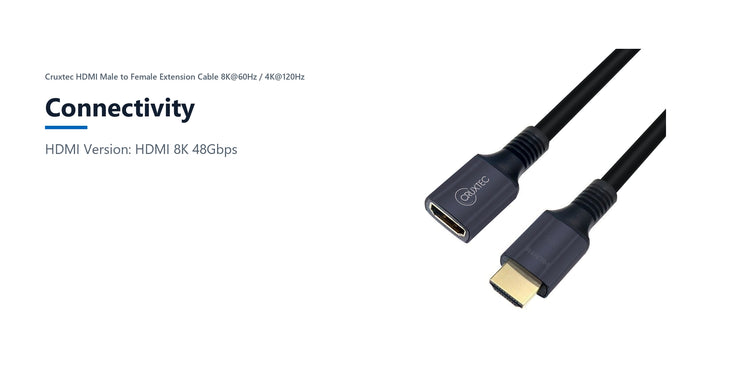 Cruxtec HDMI Male to Female Extension Cable 8K@60Hz / 4K@120Hz (Black 50cm) connectivity detail image with verified product information