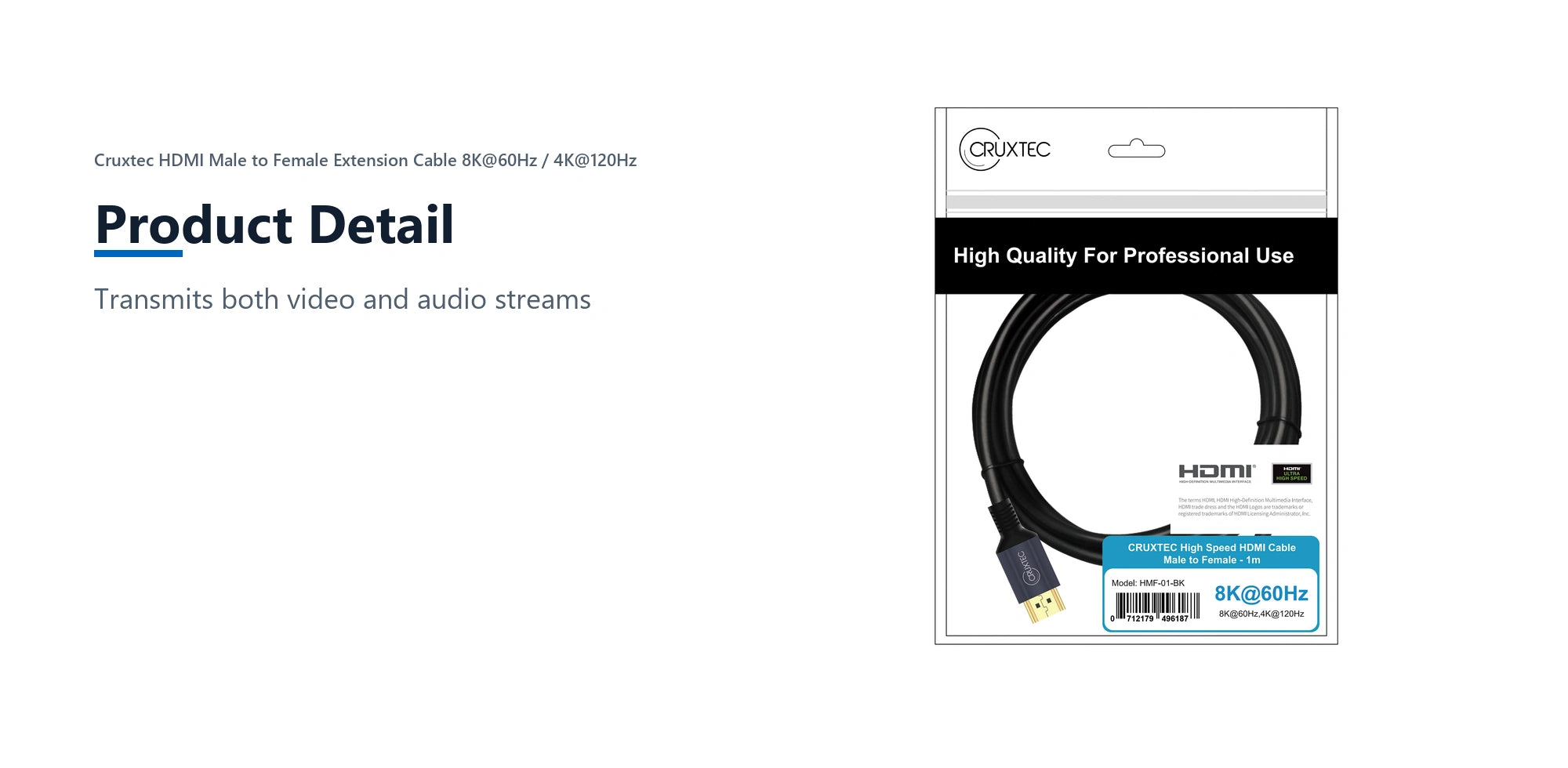 Cruxtec HDMI Male to Female Extension Cable 8K@60Hz / 4K@120Hz (Black 50cm) product detail detail image with verified product information