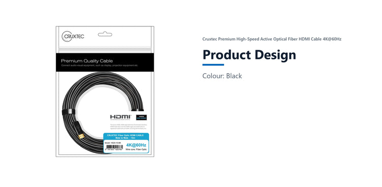 Cruxtec Premium High-Speed Active Optical Fiber HDMI Cable 4K@60Hz (Black 5m) product design detail image with verified product information