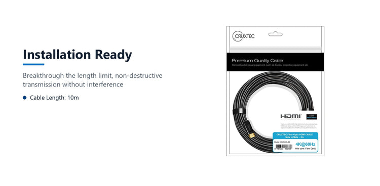 Cruxtec Premium High-Speed Active Optical Fiber HDMI Cable 4K@60Hz (Black 10m) installation ready detail image with verified product information