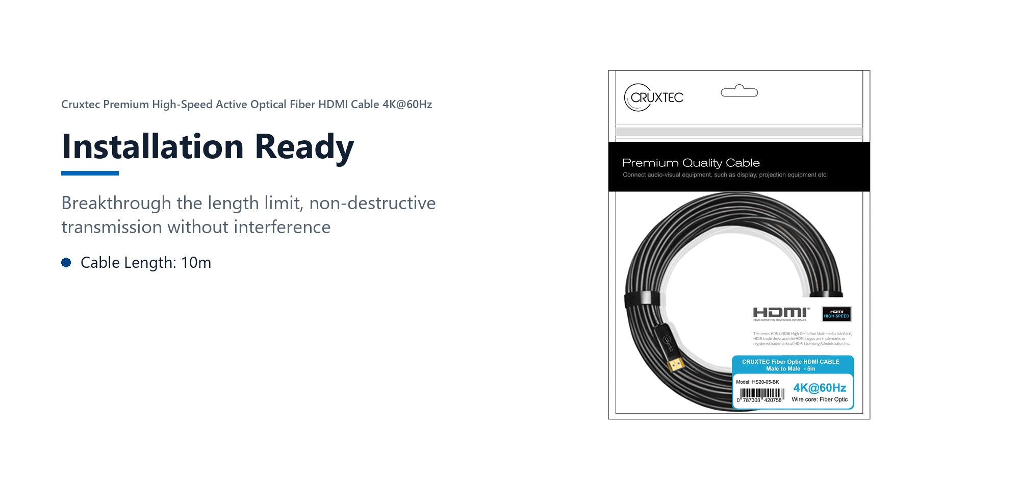 Cruxtec Premium High-Speed Active Optical Fiber HDMI Cable 4K@60Hz (Black 10m) installation ready detail image with verified product information
