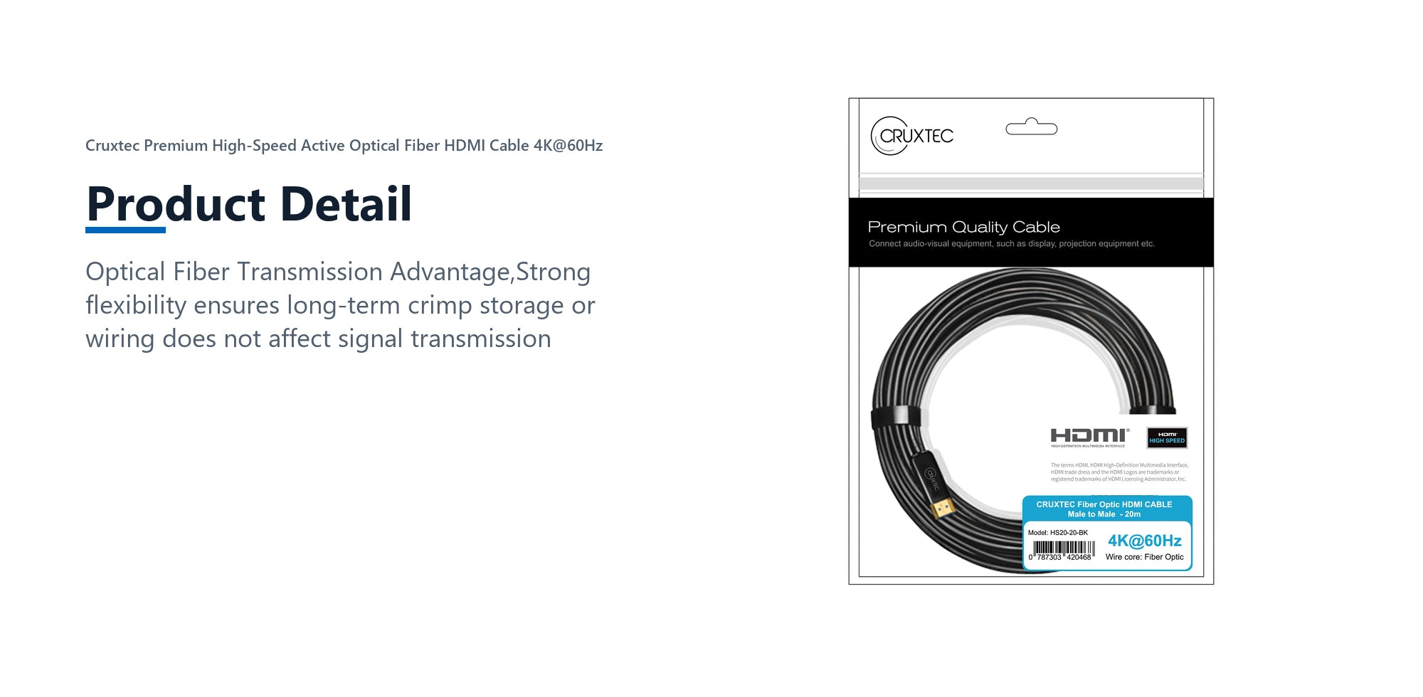 Cruxtec Premium High-Speed Active Optical Fiber HDMI Cable 4K@60Hz (Black 20m) product detail detail image with verified product information