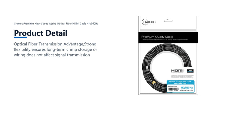 Cruxtec Premium High-Speed Active Optical Fiber HDMI Cable 4K@60Hz (Black 30m) product detail detail image with verified product information