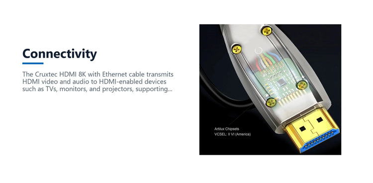 Cruxtec Ultra High-Speed Active Optical Fiber HDMI Cable 48Gbps 8K@60Hz / 4K@120Hz (Black&silvery 50m) connectivity detail image with verified product information