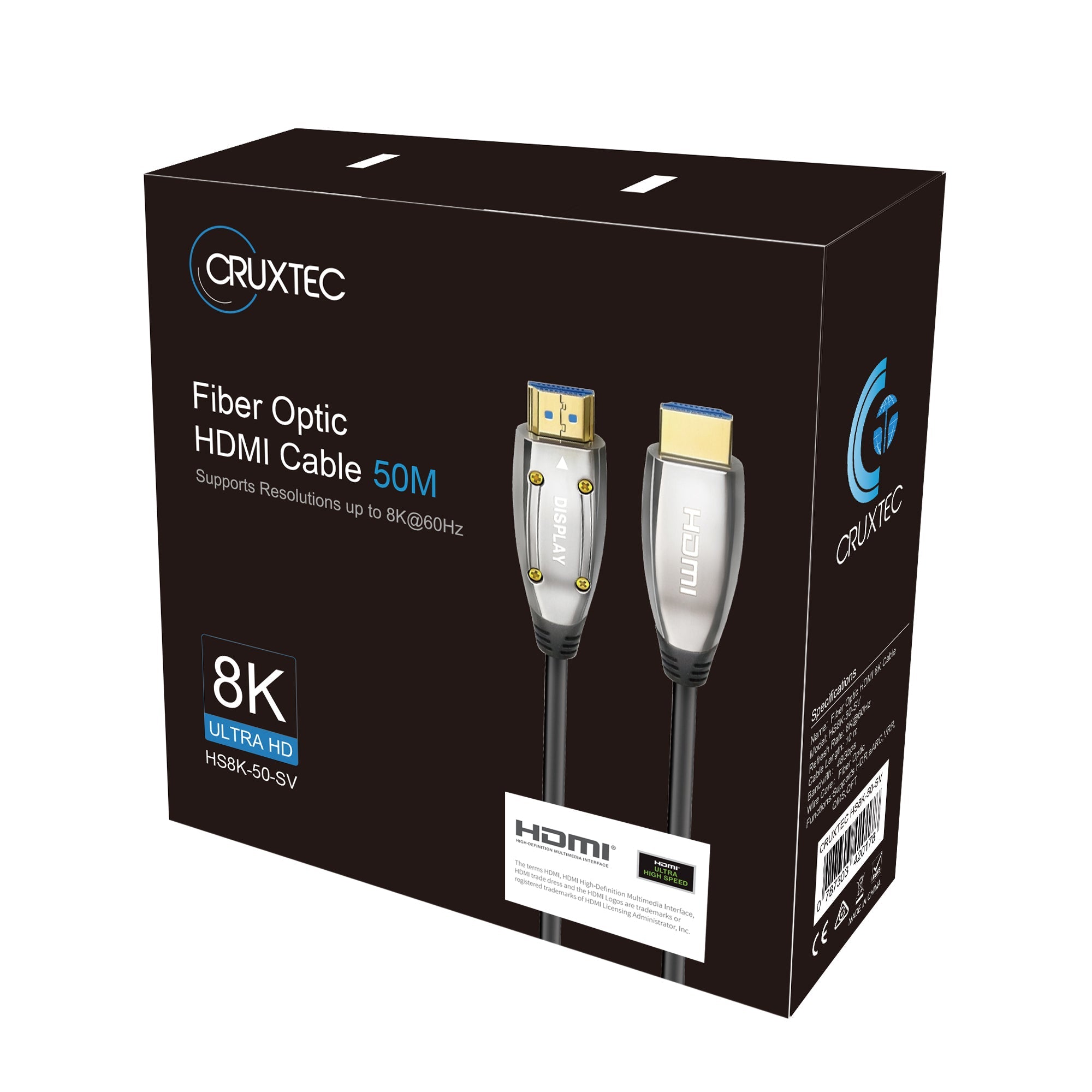 Cruxtec Ultra High-Speed Active Optical Fiber HDMI Cable 48Gbps 8K@60Hz / 4K@120Hz (Black&silvery 15m) image