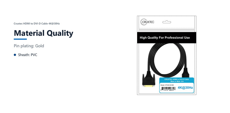 Cruxtec HDMI to DVI-D Cable 4K@30Hz (Black 2m) material quality detail image with verified product information