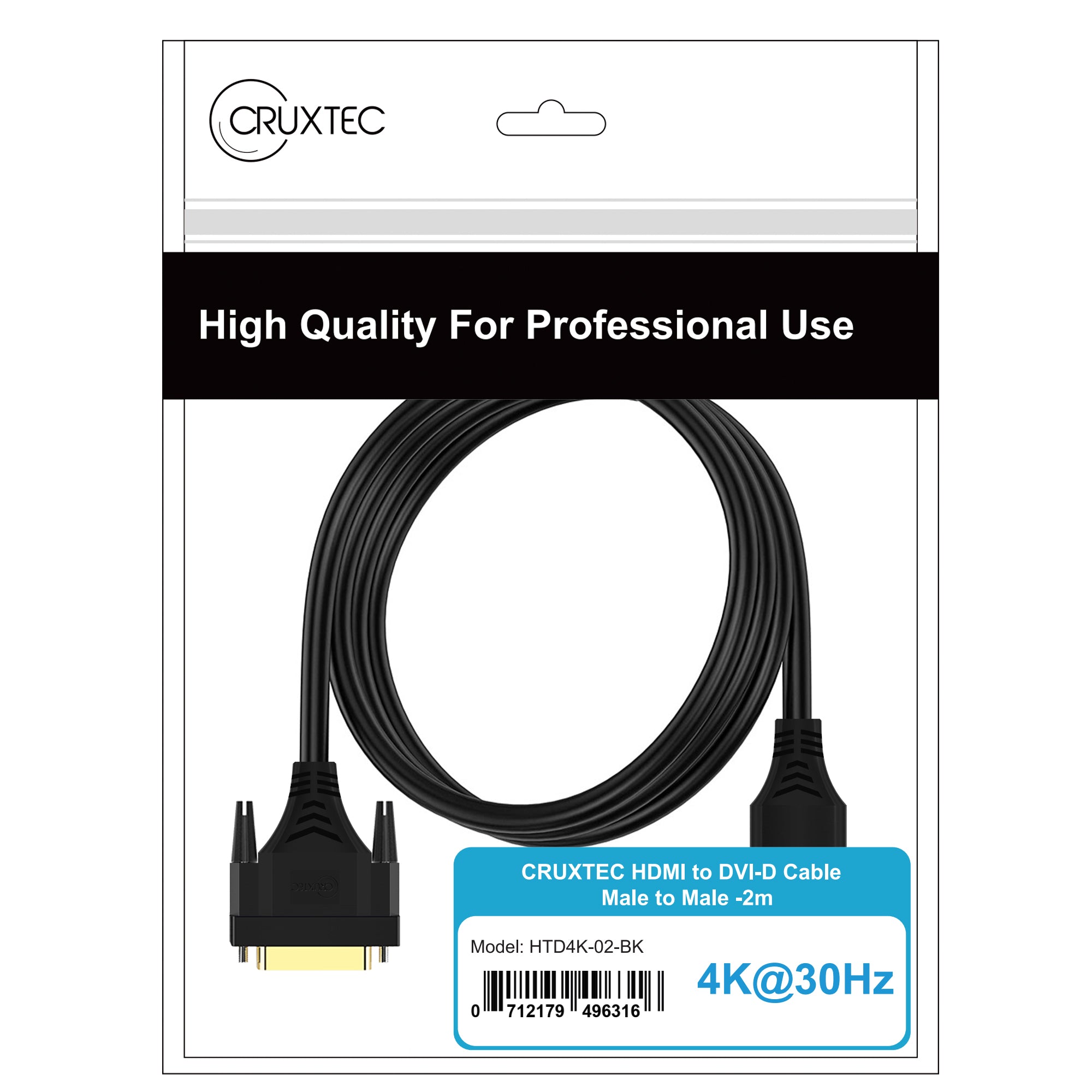 Cruxtec HDMI to DVI-D Cable 4K@30Hz (Black 2m) image