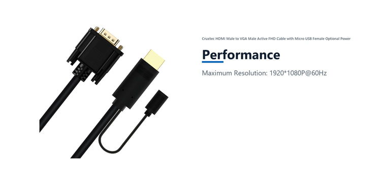Cruxtec HDMI Male to VGA Male Active FHD Cable with Micro USB Female Optional Power (Black 2m) performance detail image with verified product information