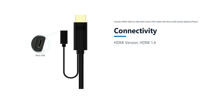 Cruxtec HDMI Male to VGA Male Active FHD Cable with Micro USB Female Optional Power (Black 2m) connectivity detail image with verified product information