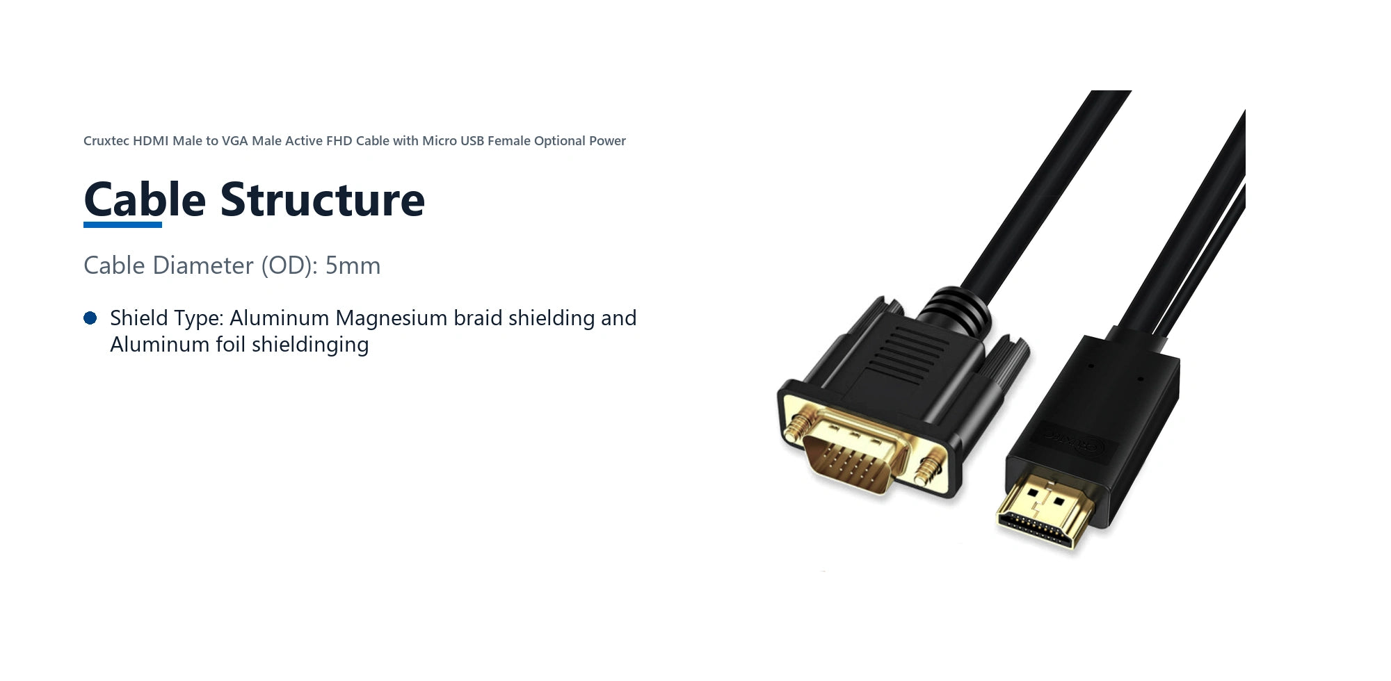 Cruxtec HDMI Male to VGA Male Active FHD Cable with Micro USB Female Optional Power (Black 2m) cable structure detail image with verified product information