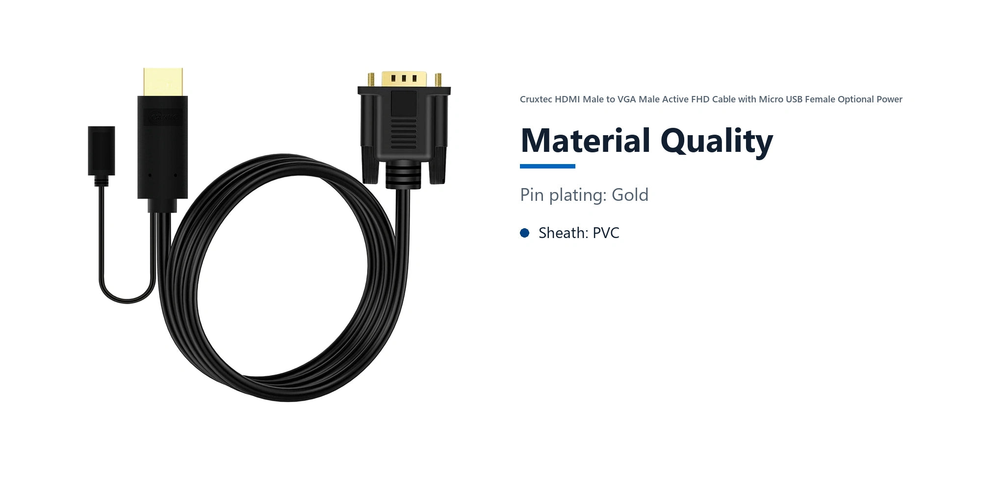 Cruxtec HDMI Male to VGA Male Active FHD Cable with Micro USB Female Optional Power (Black 2m) material quality detail image with verified product information