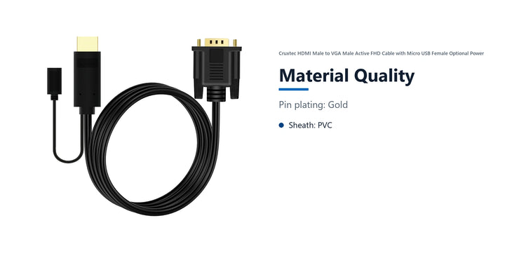 Cruxtec HDMI Male to VGA Male Active FHD Cable with Micro USB Female Optional Power (Black 2m) material quality detail image with verified product information