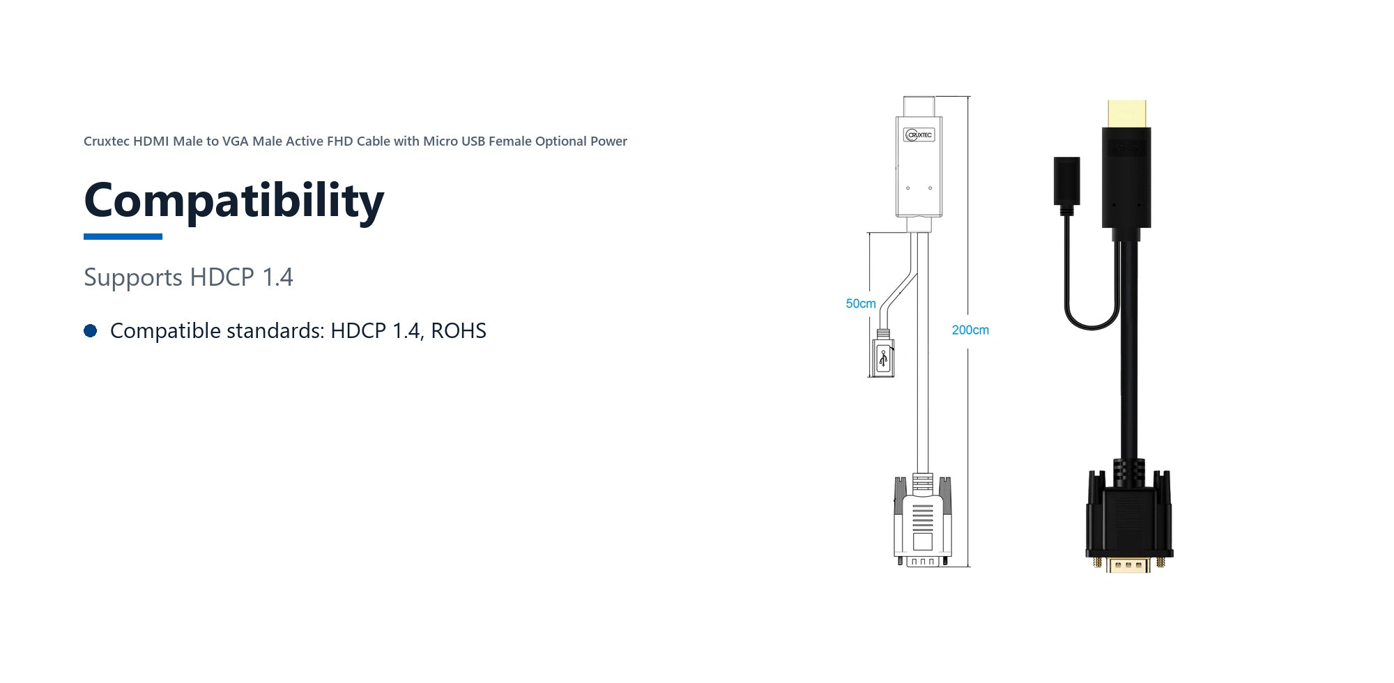 Cruxtec HDMI Male to VGA Male Active FHD Cable with Micro USB Female Optional Power (Black 2m) compatibility detail image with verified product information