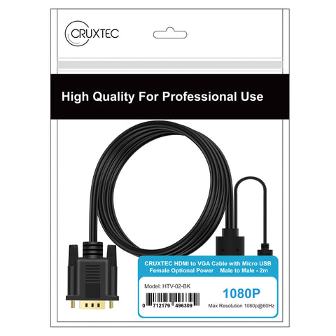 Cruxtec HDMI Male to VGA Male Active FHD Cable with Micro USB Female Optional Power (Black 2m) image