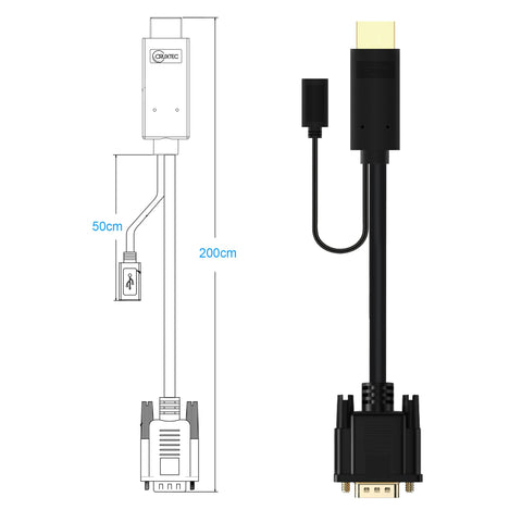 Cruxtec HDMI Male to VGA Male Active FHD Cable with Micro USB Female Optional Power (Black 2m) image