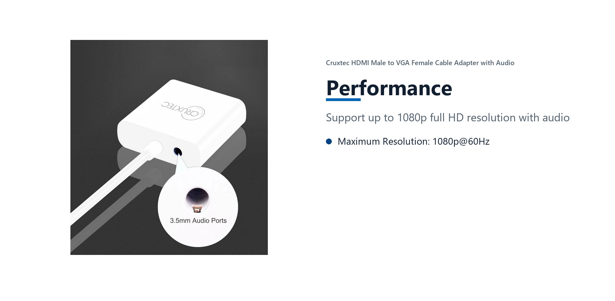 Cruxtec HDMI Male to VGA Female Cable Adapter with Audio (15cm) performance detail image with verified product information