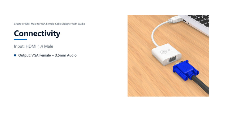Cruxtec HDMI Male to VGA Female Cable Adapter with Audio (15cm) connectivity detail image with verified product information
