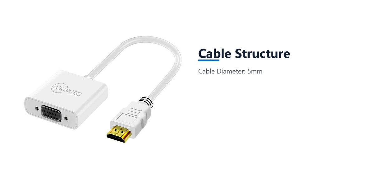 Cruxtec HDMI Male to VGA Female Cable Adapter with Audio (15cm) cable structure detail image with verified product information