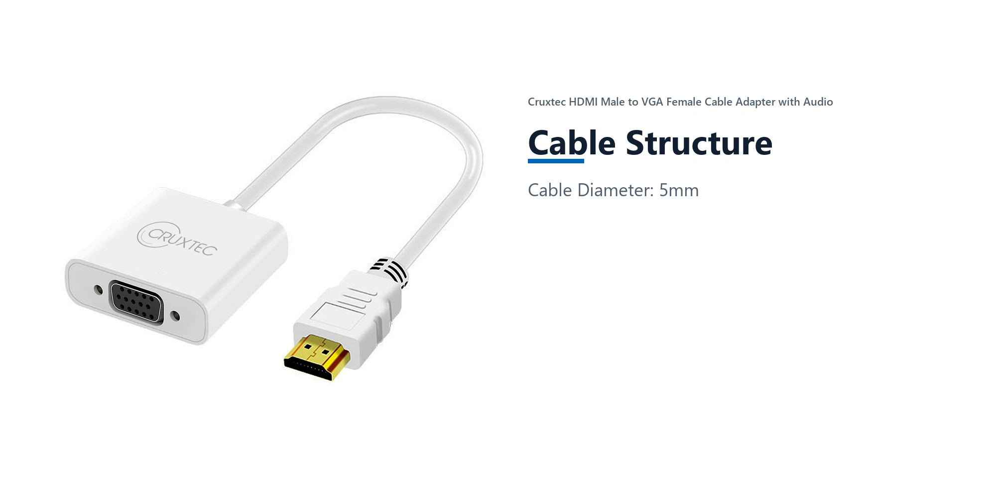 Cruxtec HDMI Male to VGA Female Cable Adapter with Audio (15cm) cable structure detail image with verified product information