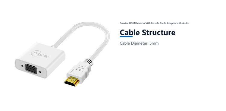 Cruxtec HDMI Male to VGA Female Cable Adapter with Audio (15cm) cable structure detail image with verified product information