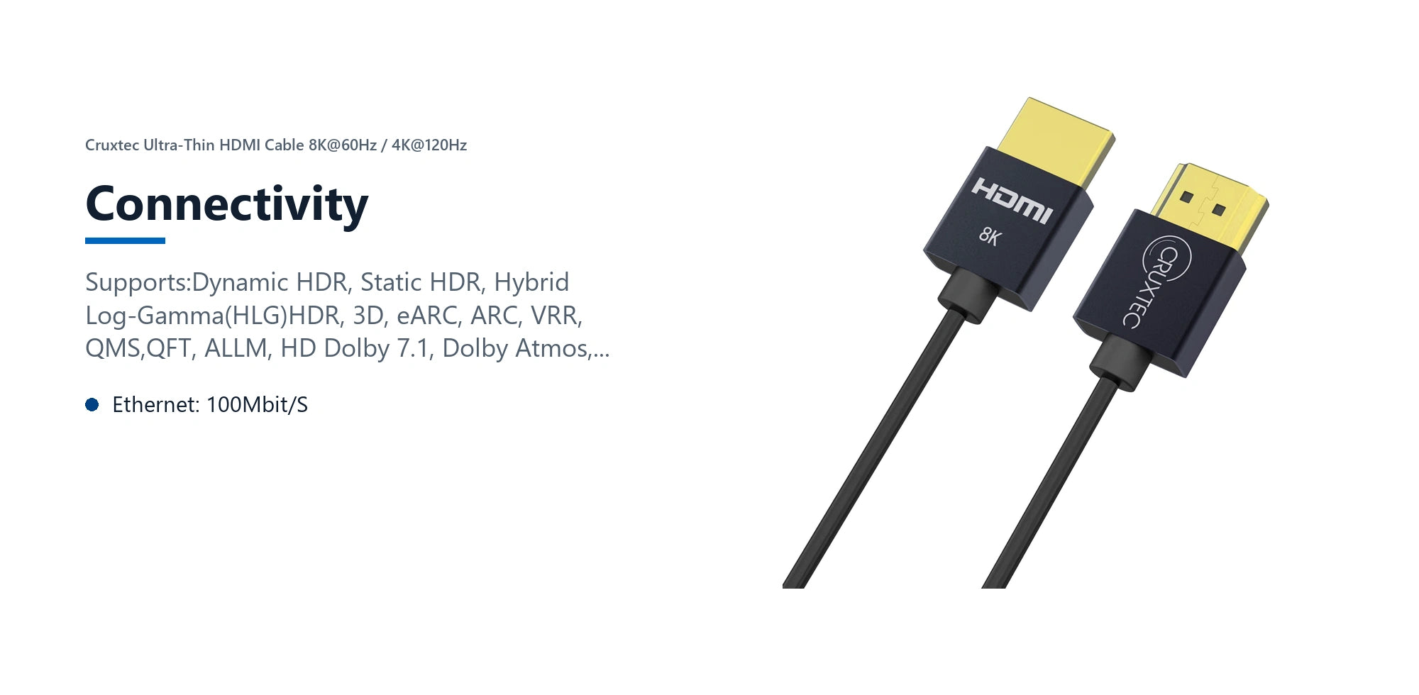 Cruxtec Ultra-Thin HDMI Cable 8K@60Hz / 4K@120Hz (Black 1.5m) connectivity detail image with verified product information