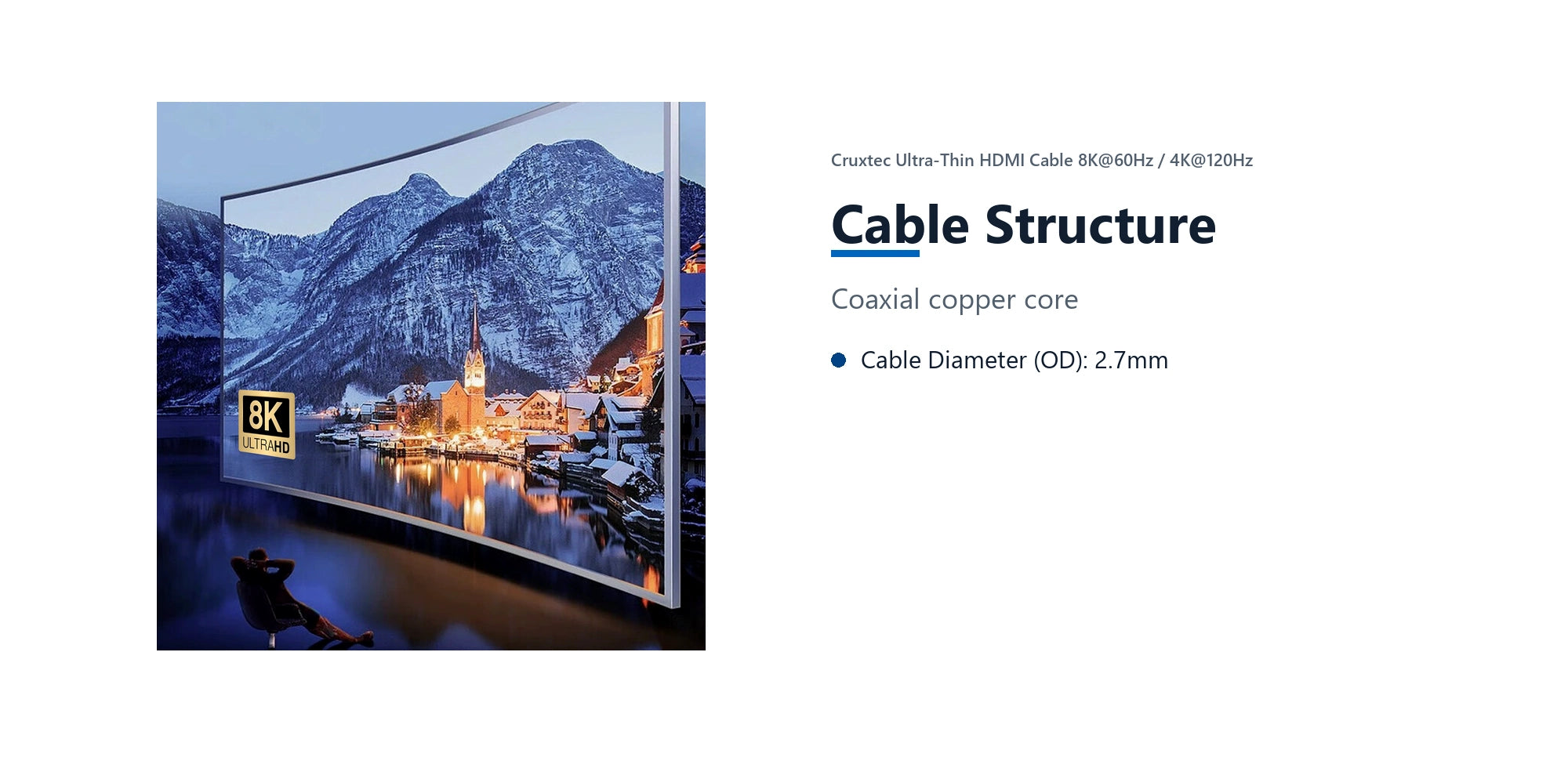 Cruxtec Ultra-Thin HDMI Cable 8K@60Hz / 4K@120Hz (Black 50cm) cable structure detail image with verified product information