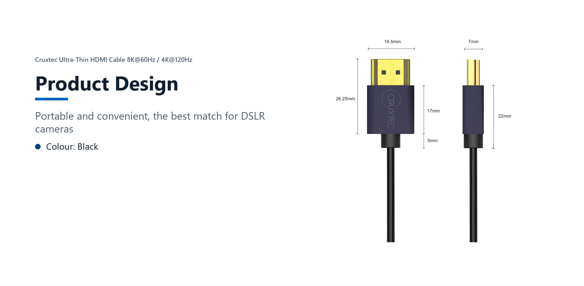 Cruxtec Ultra-Thin HDMI Cable 8K@60Hz / 4K@120Hz (Black 50cm) product design detail image with verified product information