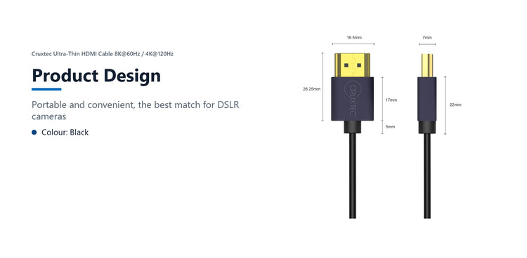 Cruxtec Ultra-Thin HDMI Cable 8K@60Hz / 4K@120Hz (Black 50cm) product design detail image with verified product information