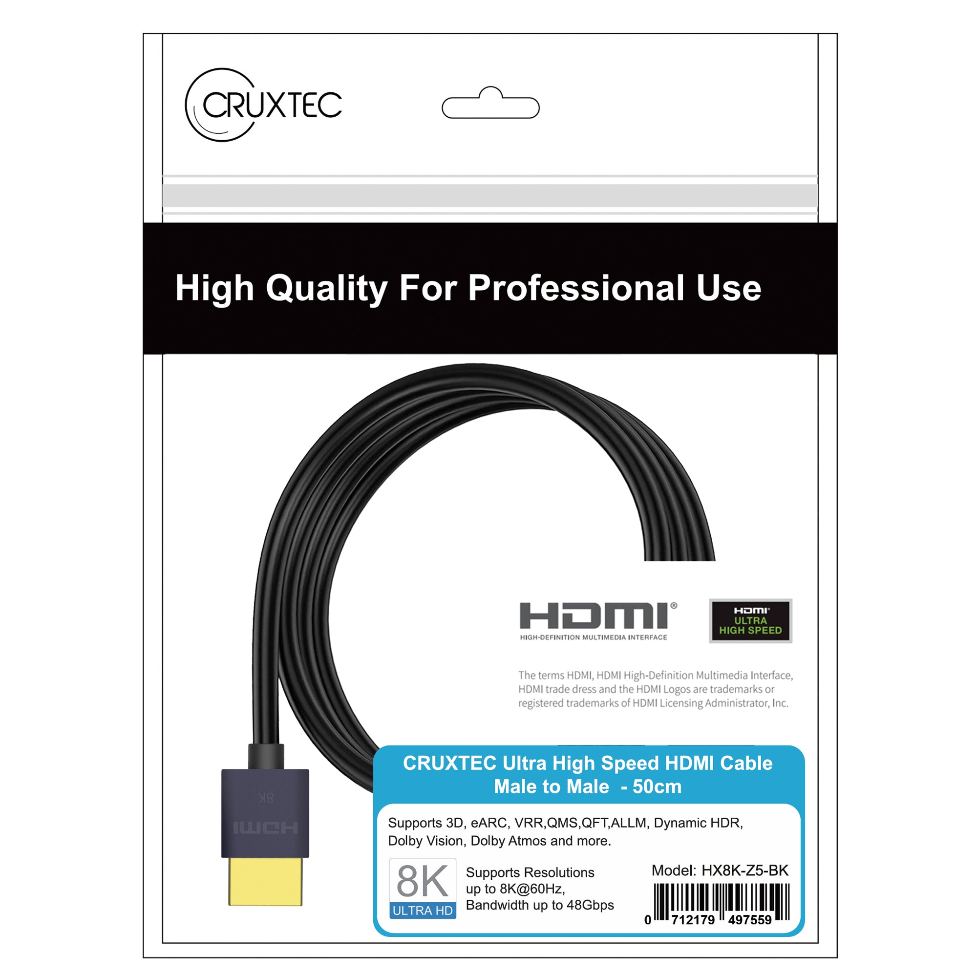 Cruxtec Ultra-Thin HDMI Cable 8K@60Hz / 4K@120Hz (Black 1m) image