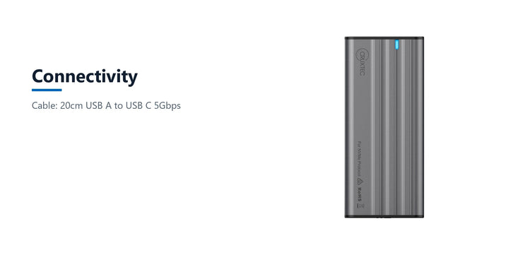 Cruxtec NVMe M.2 SSD Enclosure 10Gbps connectivity detail image with verified product information