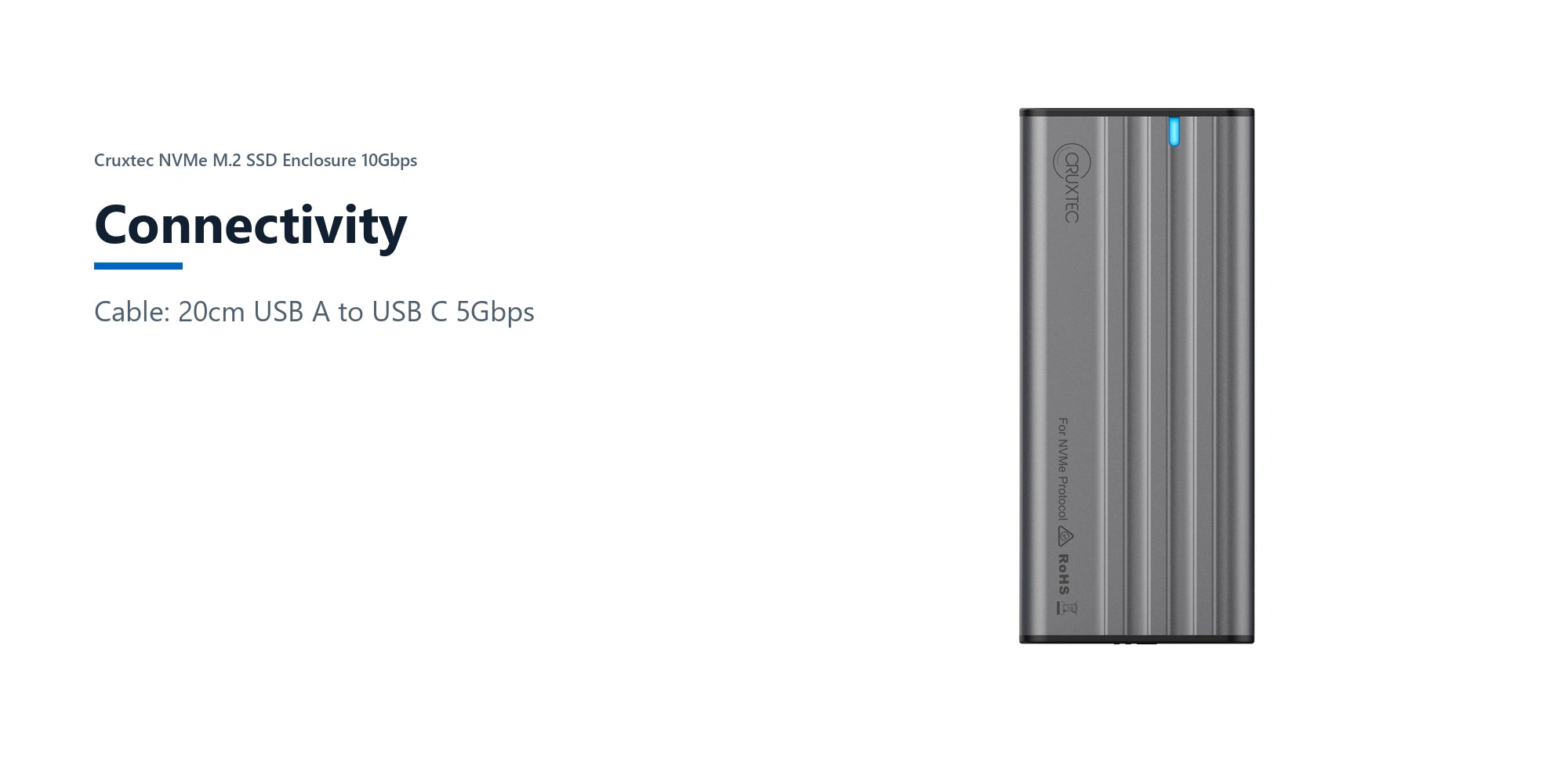 Cruxtec NVMe M.2 SSD Enclosure 10Gbps connectivity detail image with verified product information