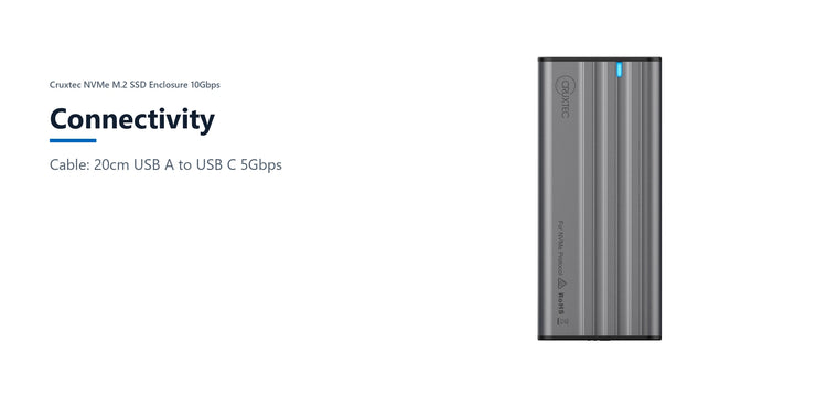 Cruxtec NVMe M.2 SSD Enclosure 10Gbps connectivity detail image with verified product information