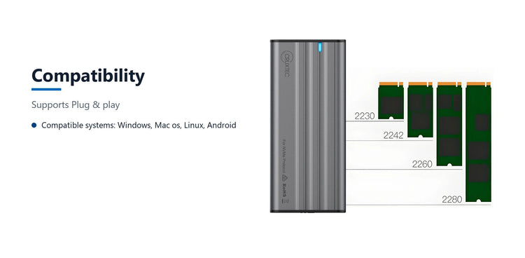 Cruxtec NVMe M.2 SSD Enclosure 10Gbps compatibility detail image with verified product information
