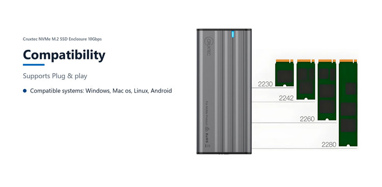 Cruxtec NVMe M.2 SSD Enclosure 10Gbps compatibility detail image with verified product information