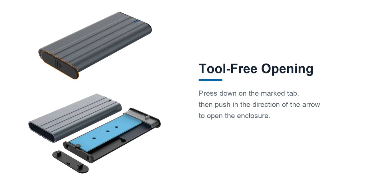 Cruxtec M2N-10G-SG SSD enclosure tool-free opening: press down on the marked tab and push in the direction of the arrow.
