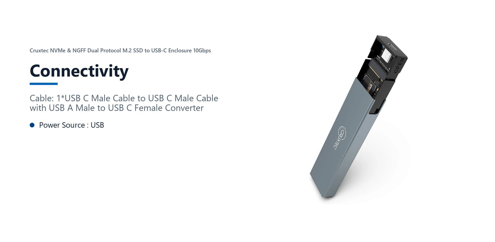 Cruxtec NVMe & NGFF Dual Protocol M.2 SSD to USB-C Enclosure 10Gbps connectivity detail image with verified product information
