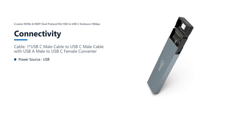 Cruxtec NVMe & NGFF Dual Protocol M.2 SSD to USB-C Enclosure 10Gbps connectivity detail image with verified product information