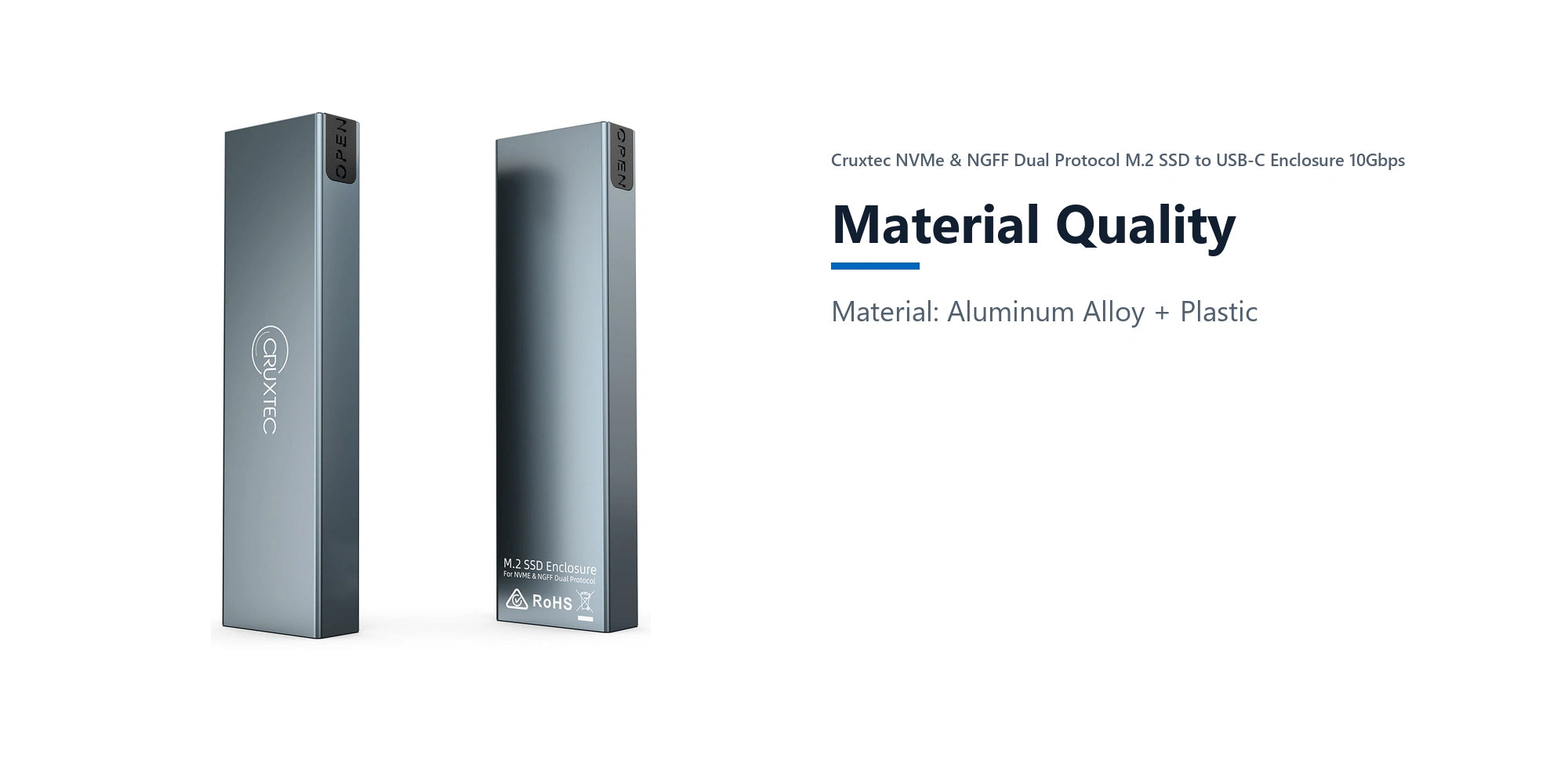 Cruxtec NVMe & NGFF Dual Protocol M.2 SSD to USB-C Enclosure 10Gbps material quality detail image with verified product information