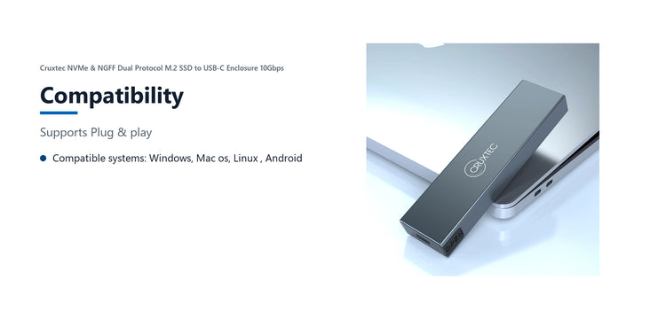 Cruxtec NVMe & NGFF Dual Protocol M.2 SSD to USB-C Enclosure 10Gbps compatibility detail image with verified product information