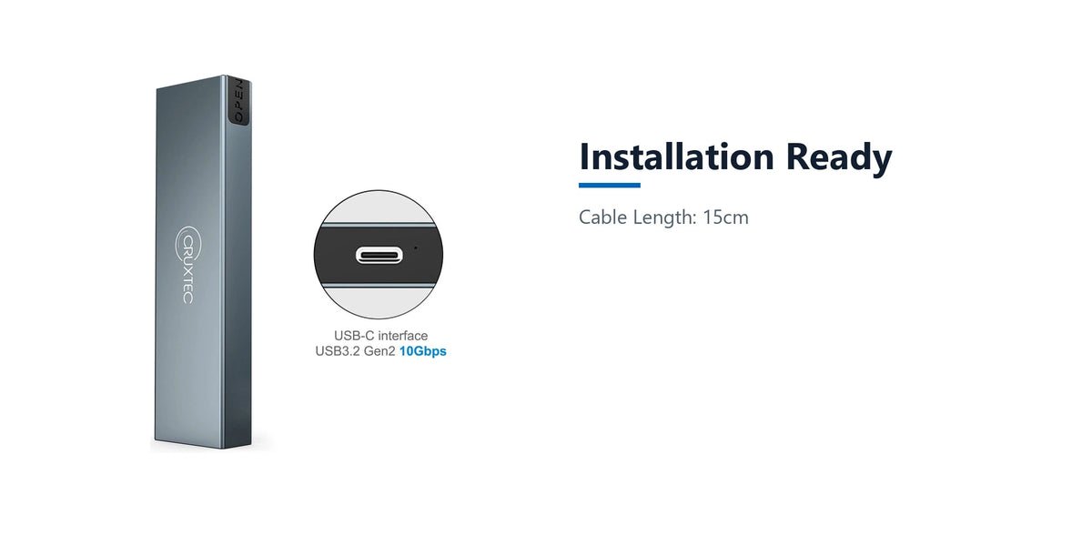 Cruxtec NVMe & NGFF Dual Protocol M.2 SSD to USB-C Enclosure 10Gbps installation ready detail image with verified product information