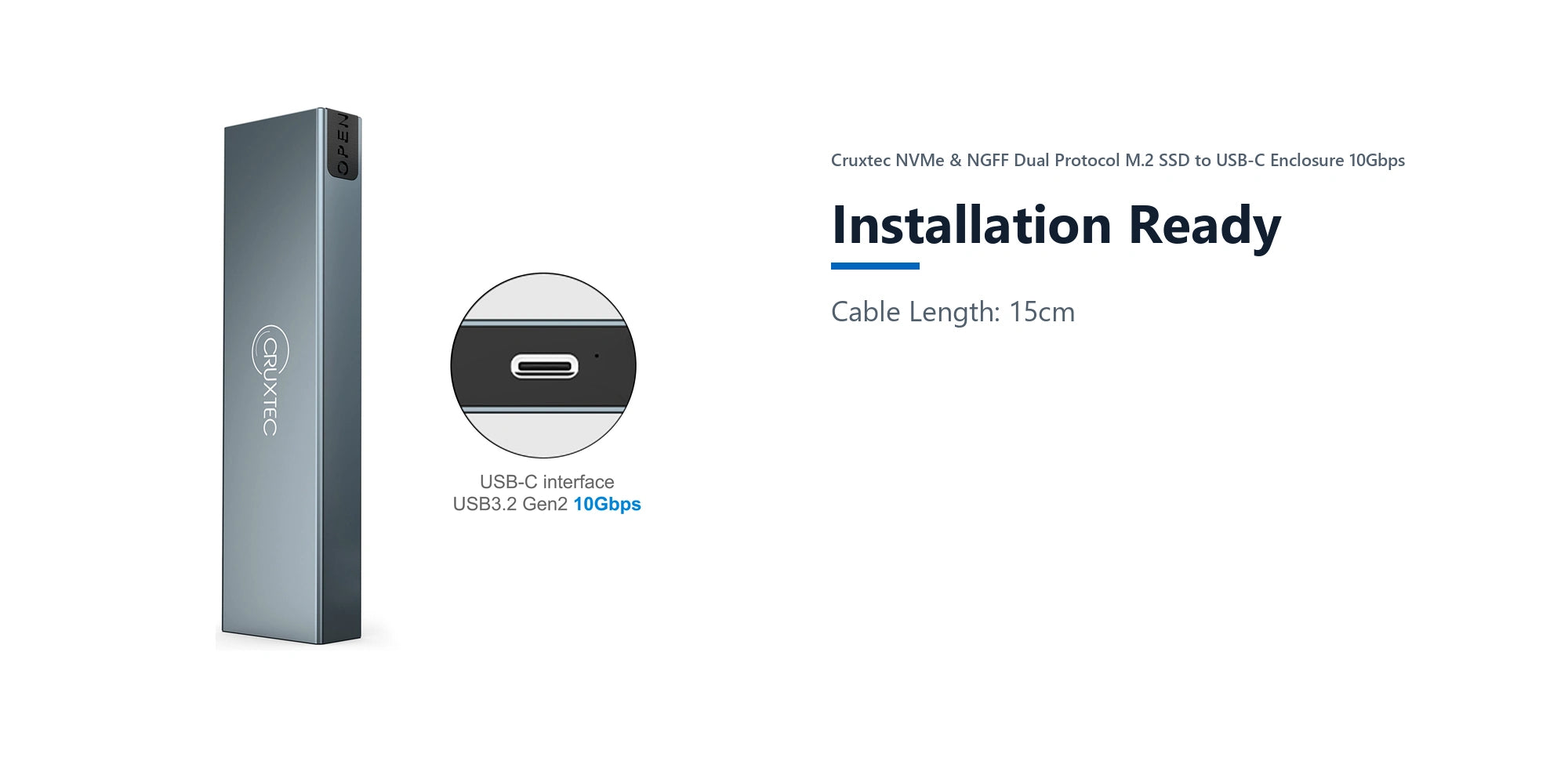 Cruxtec NVMe & NGFF Dual Protocol M.2 SSD to USB-C Enclosure 10Gbps installation ready detail image with verified product information
