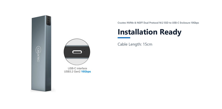 Cruxtec NVMe & NGFF Dual Protocol M.2 SSD to USB-C Enclosure 10Gbps installation ready detail image with verified product information