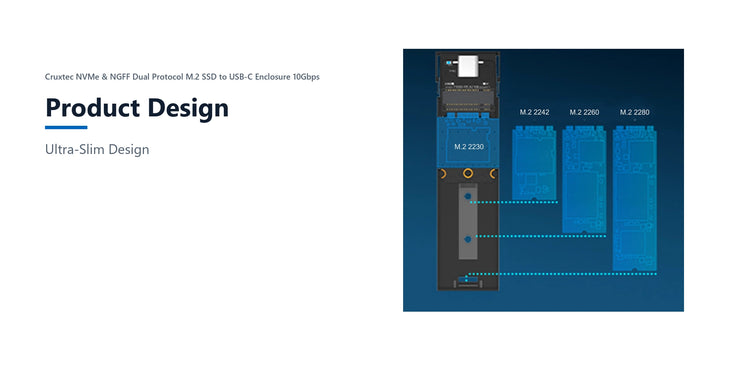 Cruxtec NVMe & NGFF Dual Protocol M.2 SSD to USB-C Enclosure 10Gbps product design detail image with verified product information