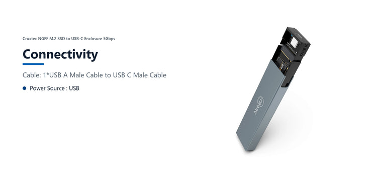 Cruxtec NGFF M.2 SSD to USB-C Enclosure 5Gbps connectivity detail image with verified product information