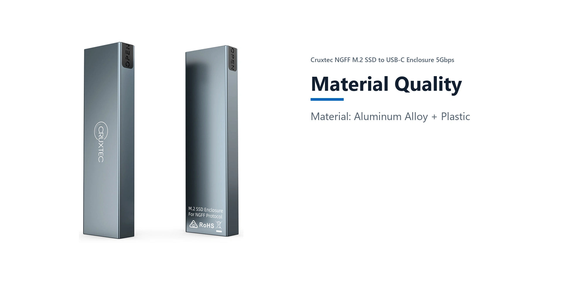 Cruxtec NGFF M.2 SSD to USB-C Enclosure 5Gbps material quality detail image with verified product information
